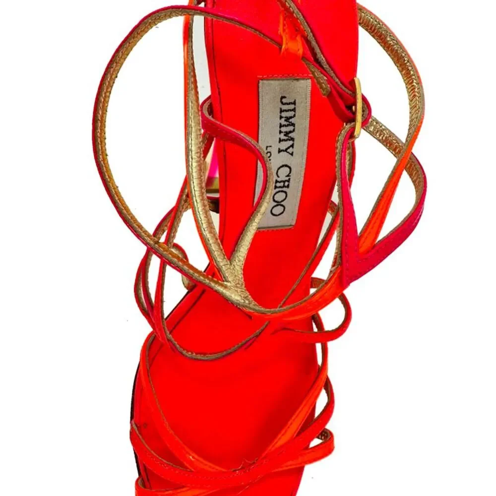 Jimmy Choo Strappy Sandal Heels in Neon Orange and Pink Leather